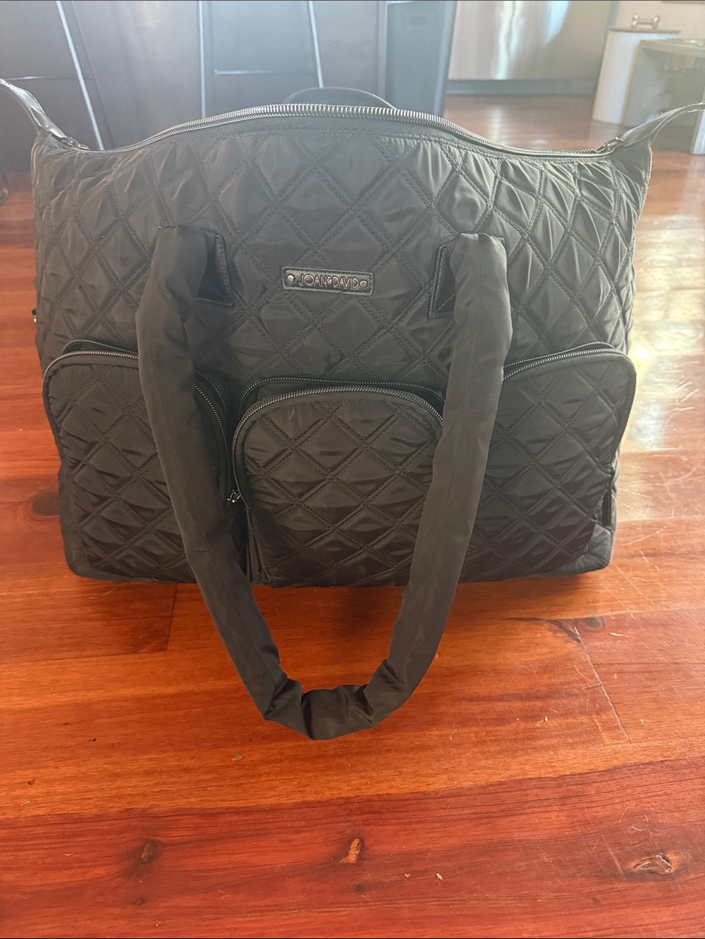 Joan & David Quilted Black Tote with Front Zip Pockets